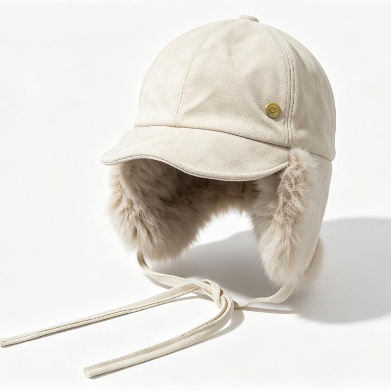 Women S Retro Suede Trapper Hat Winter Warm Ear Flap Cap Metal Label Simple Cold Protection