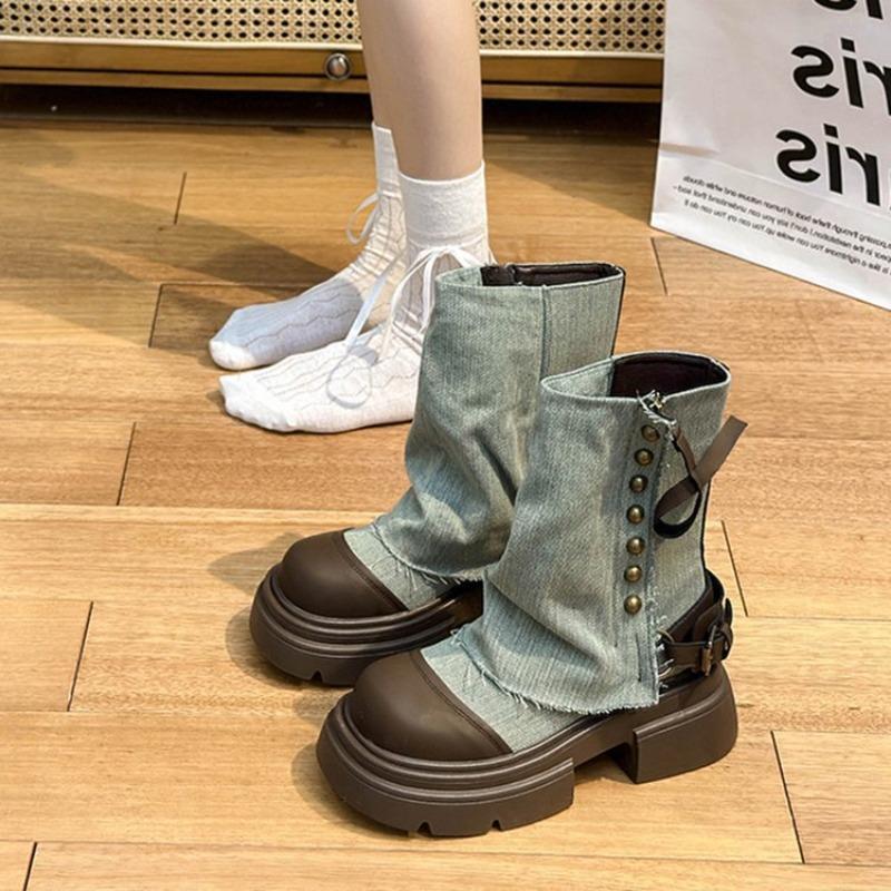 Женские ботинки на толстой платформе, модные ботильоны в стиле пэчворк, женские дизайнерские брюки, ковбойские сапоги с толстой подошвой и нескользящей подошвой