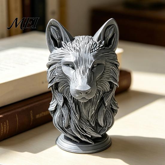 Wolf Head Decoration 3D Printed Figurine, Realistic Statue with Round Durable Desk Ornament Base, Wild Animal Sculpture for Home Office Bookshelf