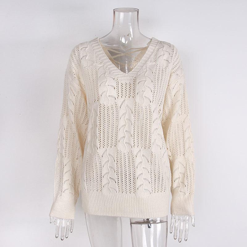 Женский свитер Модный V-образный вырез Крючком Ажурный вязаный свитер Осенний Тонкий Свободный Летучая мышь Рукав Короткий Фасон Женские Топы Джемпер