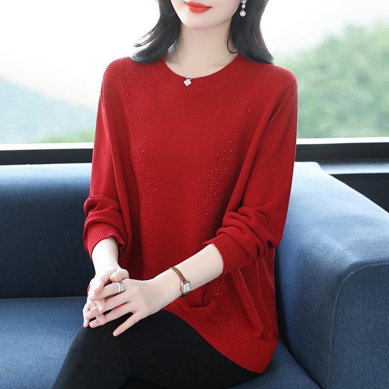 WTEMPO Женский вязаный свитер с круглым вырезом, свитер для мамы, свободный трикотажный топ с длинными рукавами