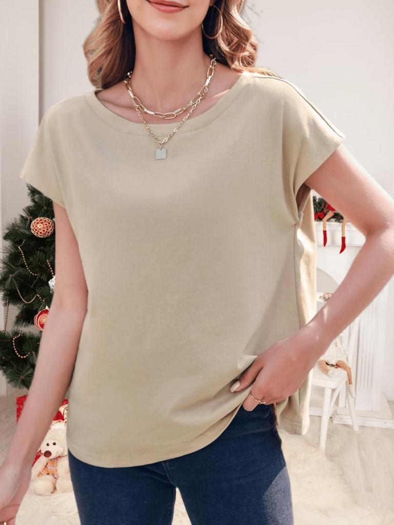 Women's Boat Neck Cap Sleeve Top Loose Fit Lightweight Basic Casual Tee