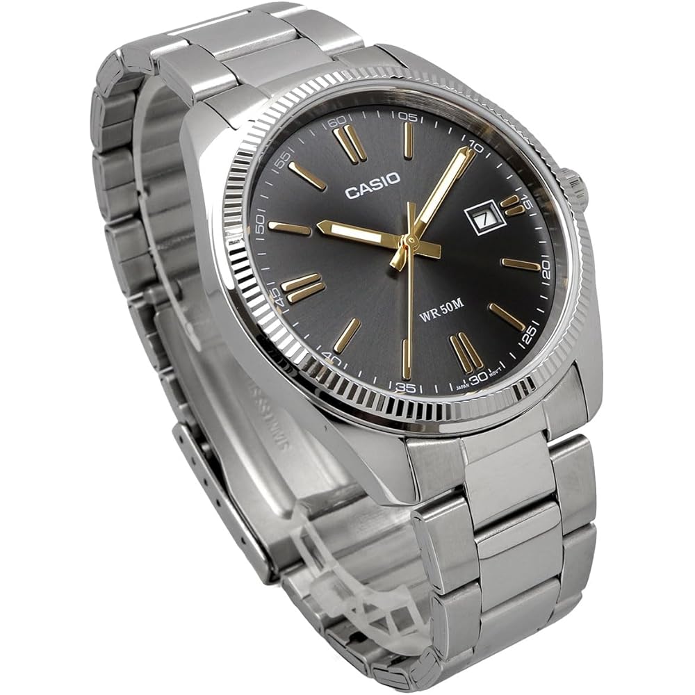 Casio MTP-1302D-1A2V Analog Quartz Men's Watch Silver Metal Band Dark Gray Dial Gold Index