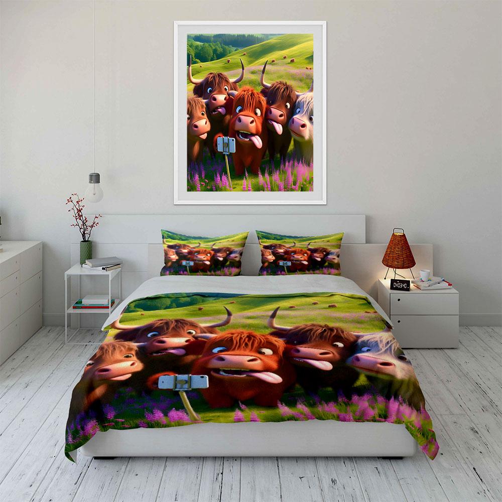 Funny Highland Cows Selfie Bedding Duvet Cover Set (1*Duvet Cover 2*Pillowcases, without duvet insert)