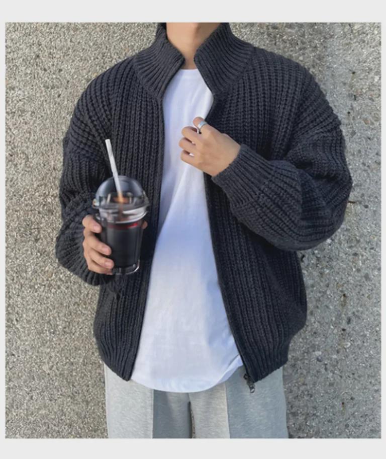 Мужская ретро корейская трикотажная куртка-кардиган с воротником-стойкой