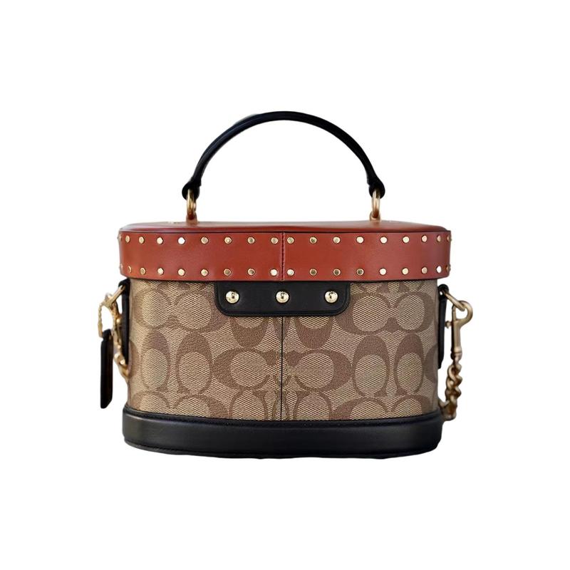 COACH Georgie 20 retro rivet color matching presbyopia canvas and refined cow leather box bag shoulder crossbody bag small size women's red and brown