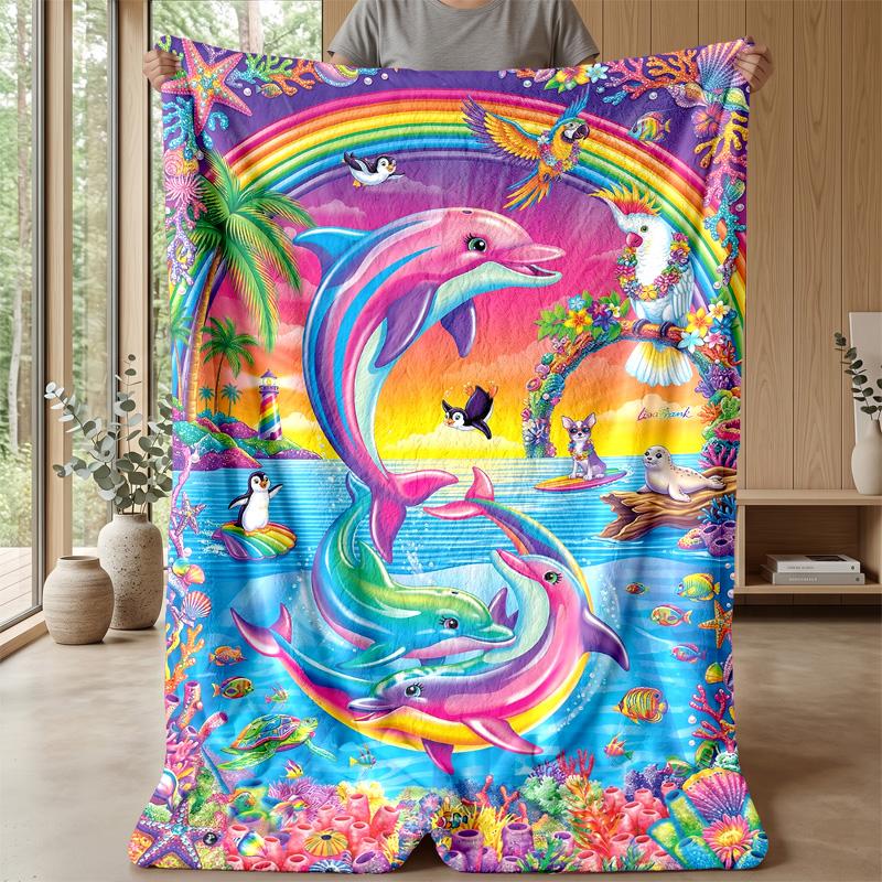 Rainbow Dolphins Paradise 1 Theme blanket Lightweight Warm Flannel Blanket Decorative Throw Blanket for Home Decoration