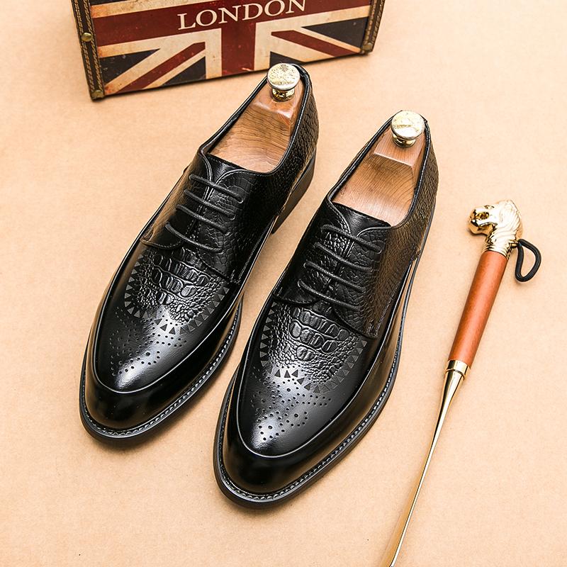 Fashion Men Lace Up Casual Leather Shoes Crocodile Pattern Luxury Dress Shoes Slip-on Wedding Shoes Leather Brogues Size 38-45