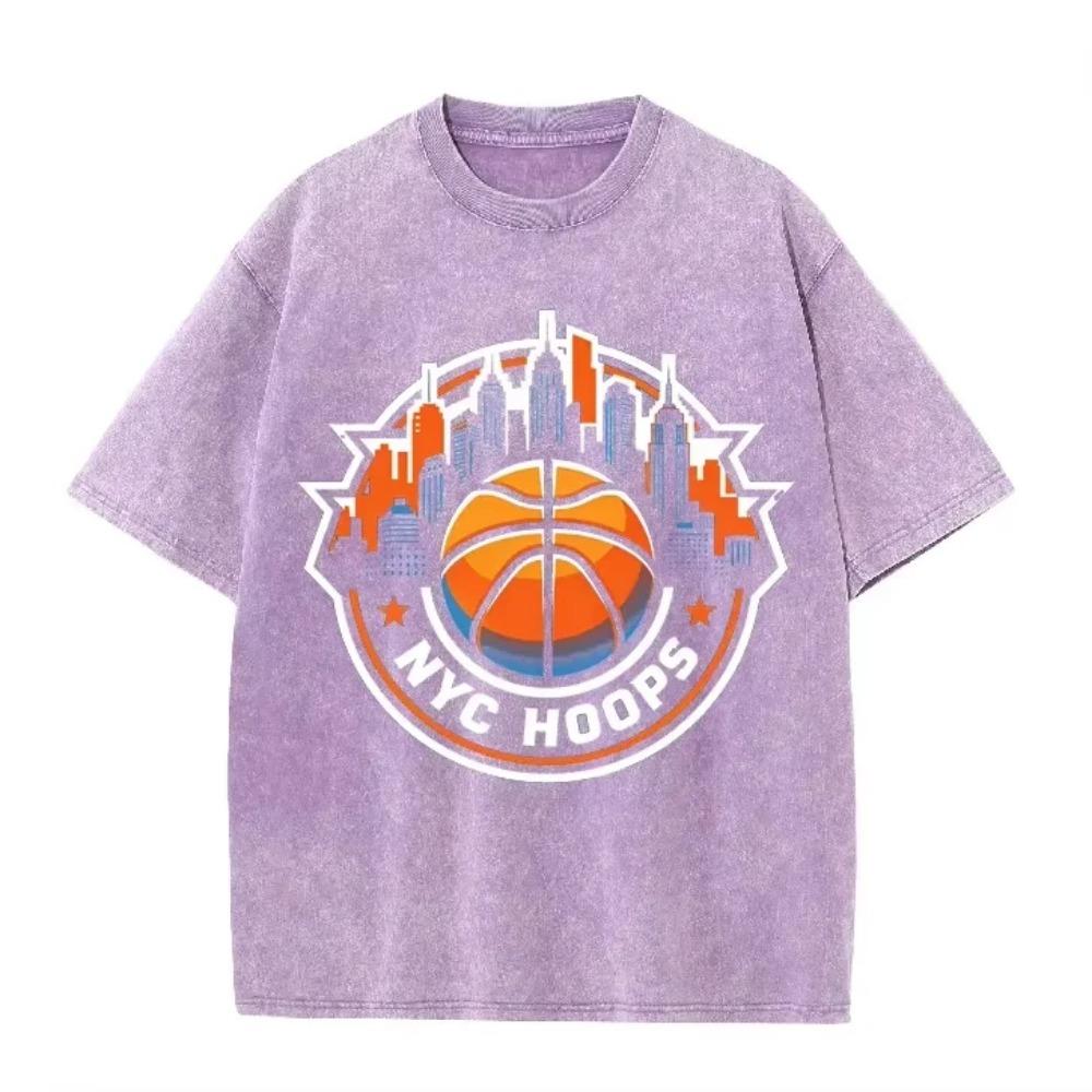 Винтажная стираная зеленая футболка NYC Hoops Нью-Йорк Баскетбольная панорама Принт Свободная Короткий рукав Спортивная Повседневная