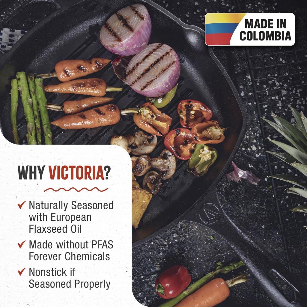 Victoria Cast Iron Grill Long Griddle Flaxseed Oil Seasoned Pan, Square, Handle, Pan,