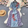 New Summer Women Embroidery V Neck Single Breasted Denim Patchwork Chiffon Mid Length Casual Short Sleeve Print Holiday Dresses