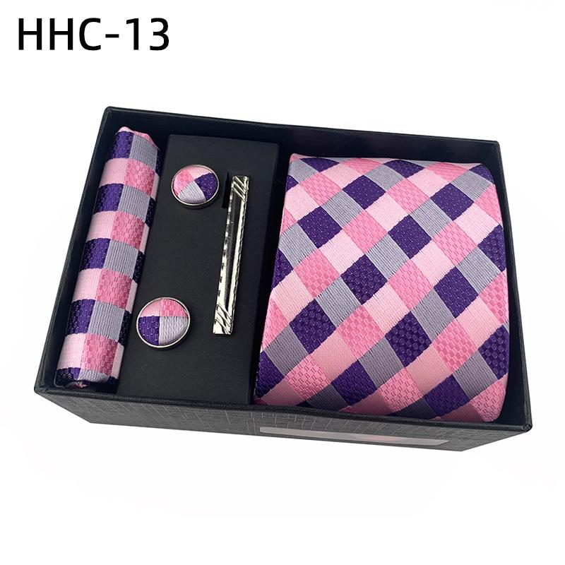 Men'S Striped Flower Plaid Tie Square Towel Cuffs Tie Clip Gift Box Set Business Casual Tie Black