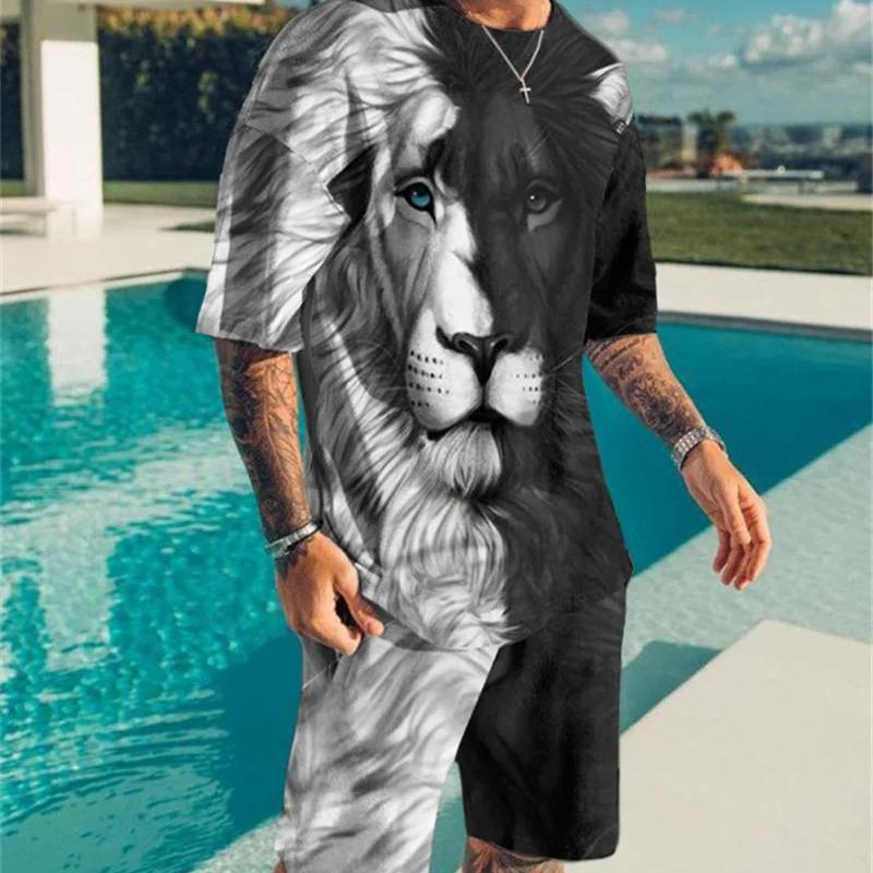 Lion 3d Pattern, Mens 2 Piece Outfits, Short Sleeve Comfy T-shirt And Casual Shorts Set For Summer, Men's Clothing