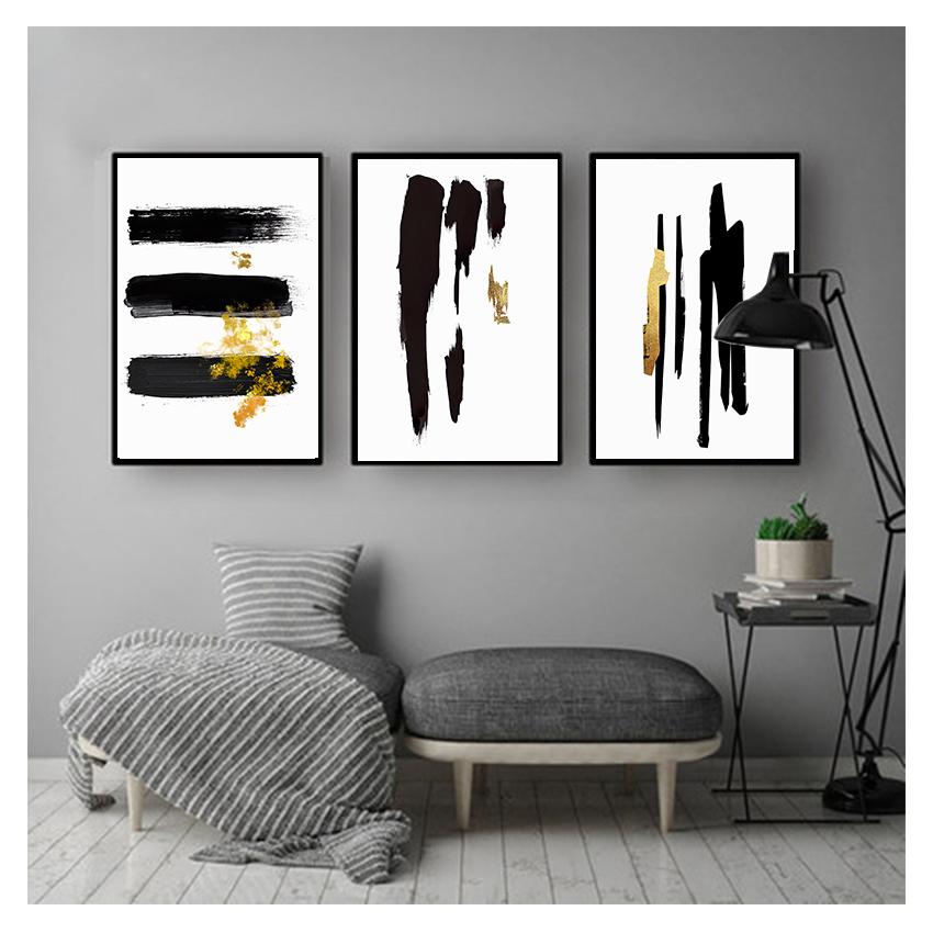 Minimalist Canvas Painting Wall Art Poster Print Pictures Living Room Home Interior Decoration Abstract Black Gold Brush Line