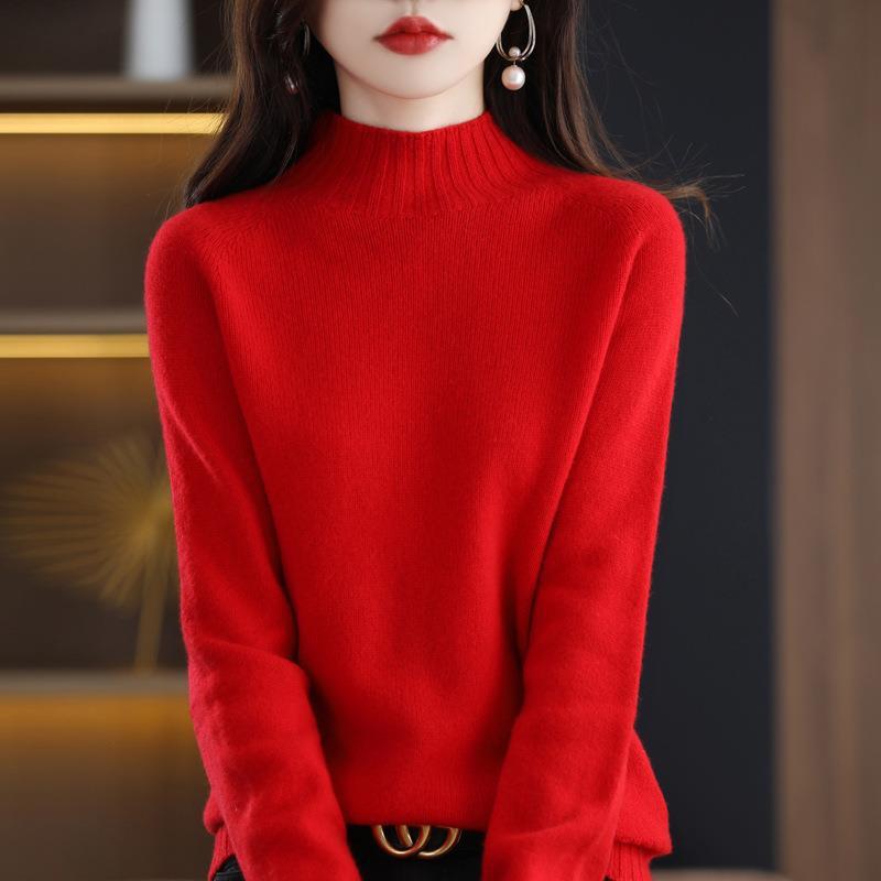 Women's Pure Wool Thickened Sweater - Autumn/Winter New Style, Loose Half-High Neck Pullover Knit Base Layer