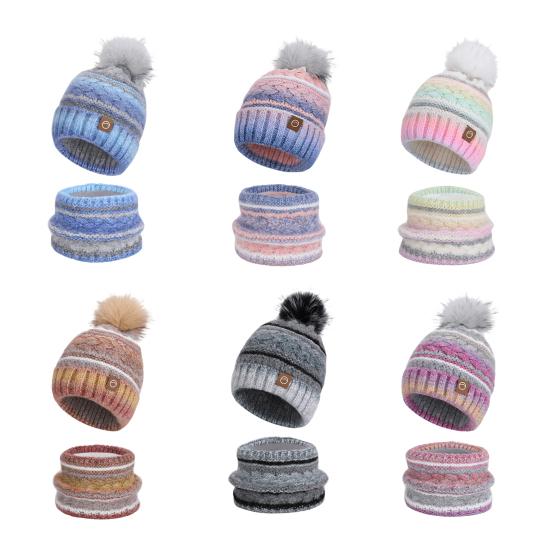 2Pcs/Set Winter Hat Scarf Set Thickened Velvet Lining Colorful Versatile Elastic Fit Knitting Hat Neck Warmer Set