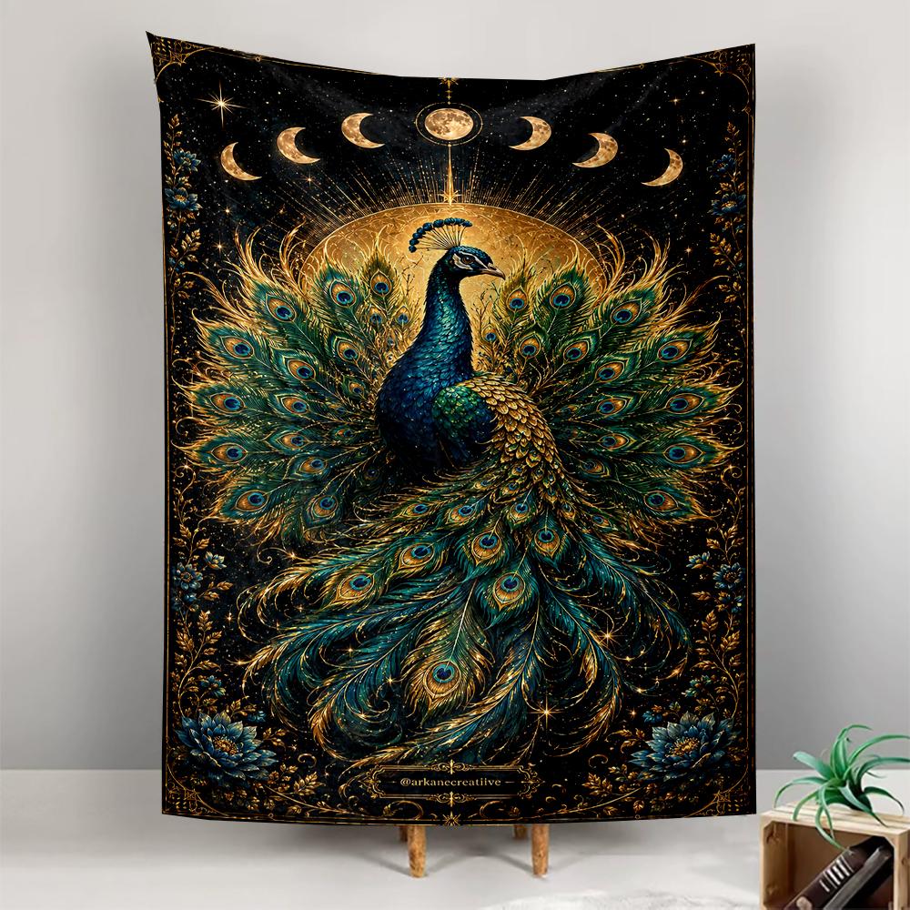 Majestic Peacock with Moon Phases Design Patterned tapestry for bedroom and living room home decor