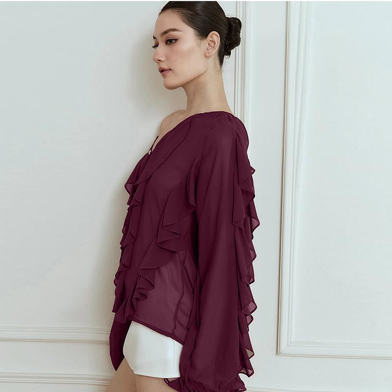 Chic Chiffon Ruffled Shirt Women Elegant Loose V-neck Long Sleeve Shirts Female 2025 Spring Vacation Street Lady Blouse Tops