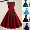 O-Neck Sleeveless See-through Lace Stitching Ribbon Bowknot Gown Dress A-Line Skater Large Hem Midi Princess Dress