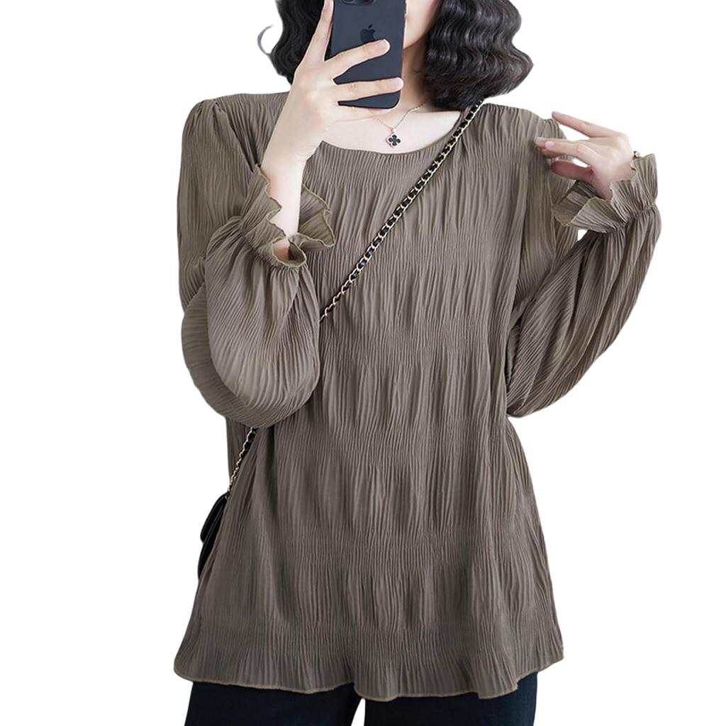 R6seven Long Sleeve Crew Neck Loose Polyester Pleated Bell Solid Women's Innerwear, Fit, Blend, Sheer, Versatile, Sleeves, Color, Comfortable, Casual,