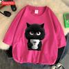 Футболка с принтом «Милый черный кот держит чашку», дышащая, приятная для кожи, с коротким рукавом, модная одежда в стиле Харадзюку, удобная мягкая футболка
