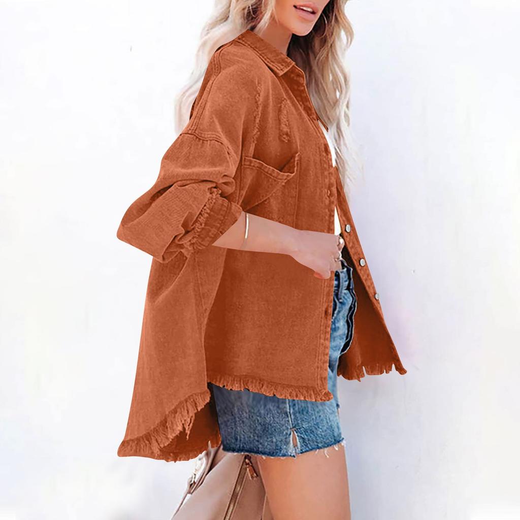 Women Loose Casual Denim Jacket Female Jacket Frayed Edges Trim  Long Sleeve  Coat With Pockets