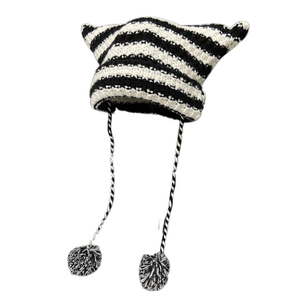 Шерстяная вязаная полосатая шапка-бини с милыми кошачьими ушками, остроконечная шапка-пуловер, вязаные шерстяные шапки, женская