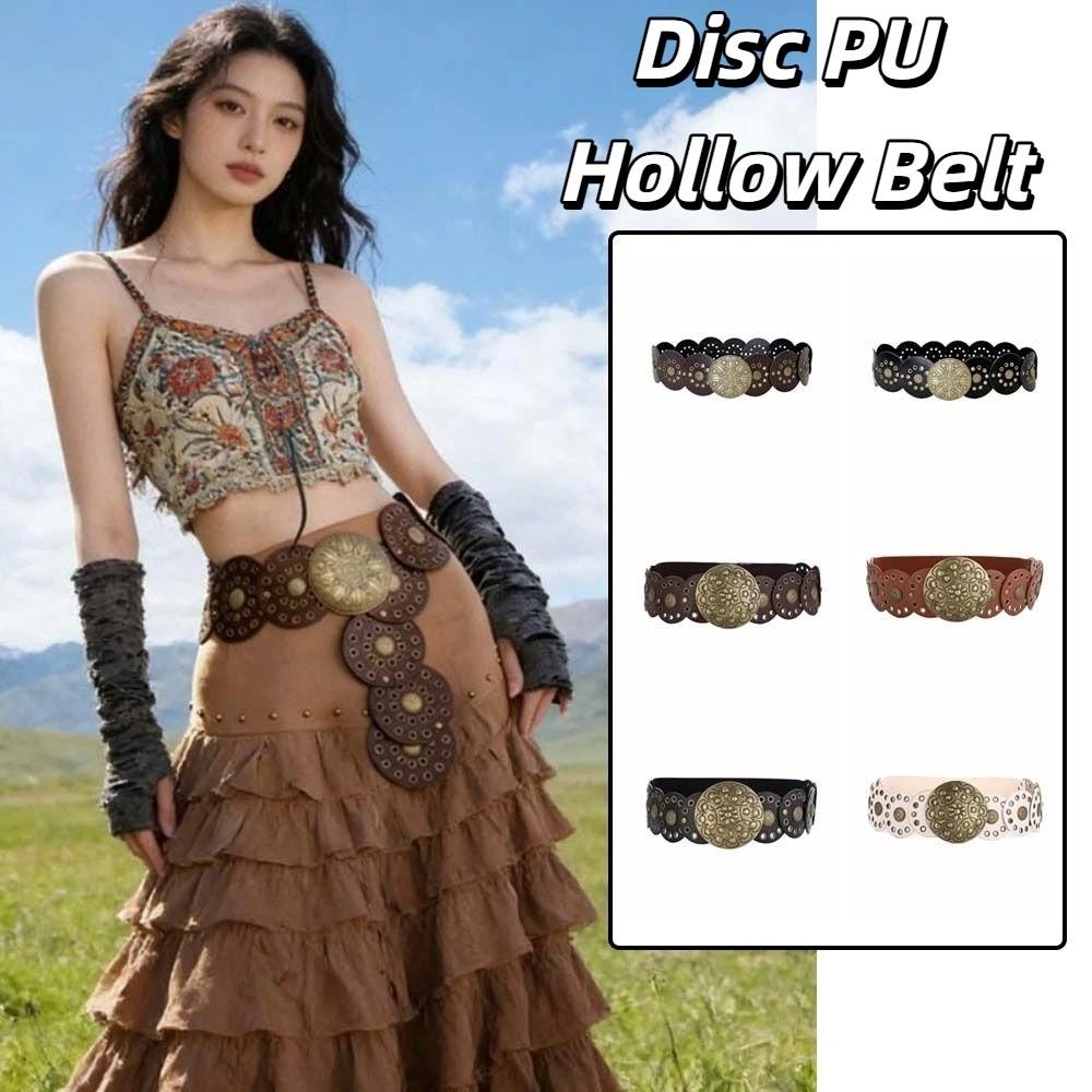 Zinc Zinc Alloy Ethnic Style Rivet Belt Y2K Disc PU Hollow Waistband Vintage Concho Wide Belt  Waist Seal