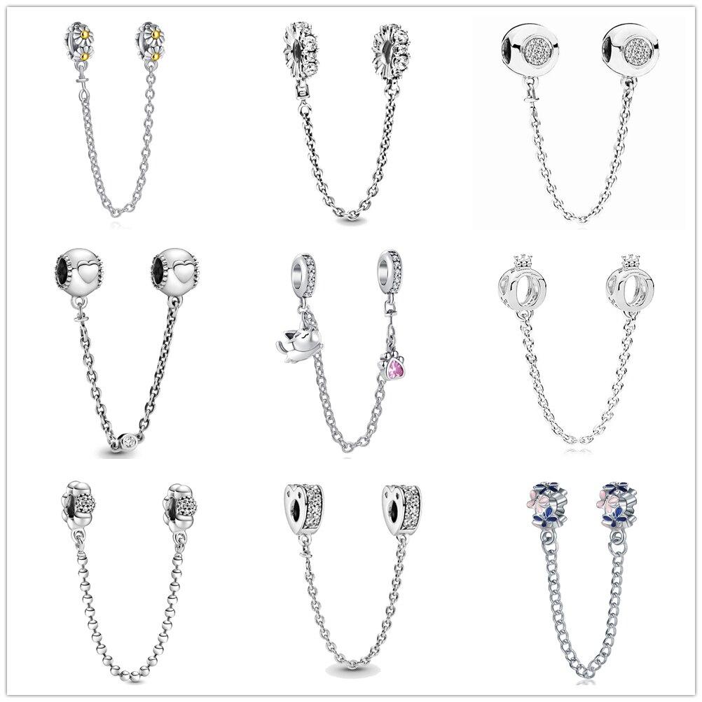 Silver 925 Zirconia Butterfly Flower Crown Safety Chain Charm Bead Fit Bracelet Pendant DIY Jewelry For Women