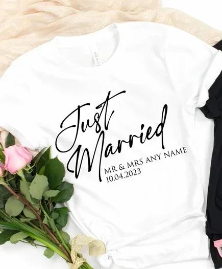 Women Cotton T-shirt Just Married Tee Personalised Husband and Wife Couples Honeymoon Finally Matching Wedding Tee Clothing Tops