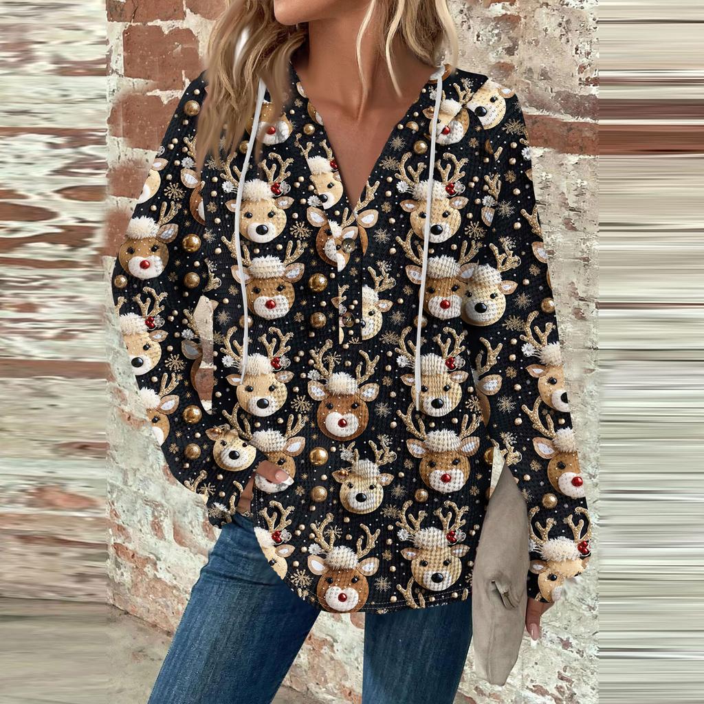 Женская мода с длинным рукавом, завязками на шнурке, капюшоном, пуговицами, V-образным вырезом, повседневная толстовка с капюшоном и рождественским принтом