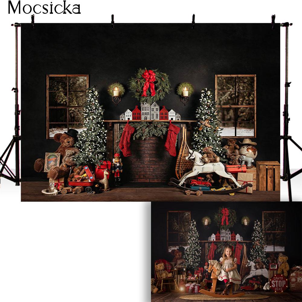 Mocsicka С Рождеством Фон Камин Кирпичный Рождественская Елка Фон Фотографический Ребенок Семья Фотобудка Реквизит Студия Фотозона