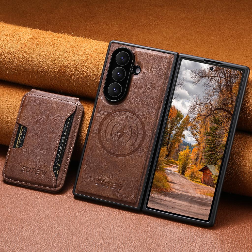 SUTENI Magnet Wireless Charging Luxury Faux Leather Phone Case Card Holder Stand for Samsung Galaxy Z Fold 7 6