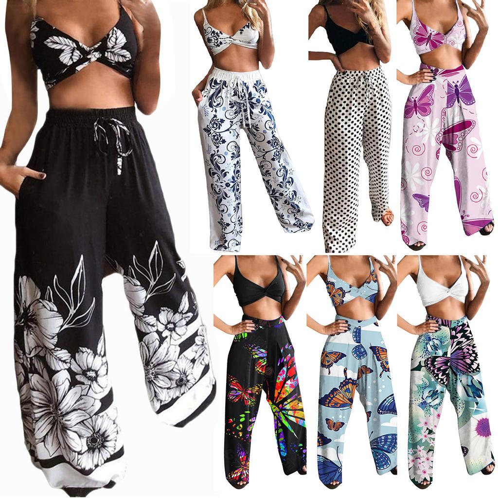 Women Casual Butterfly Printed Sleeveless Camis Tops+Long Pants 2 Piece Set