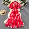 Red and white smudged bubble sleeve shirt dress women's summer strap waist printing pendulum long skirt literary and retro
