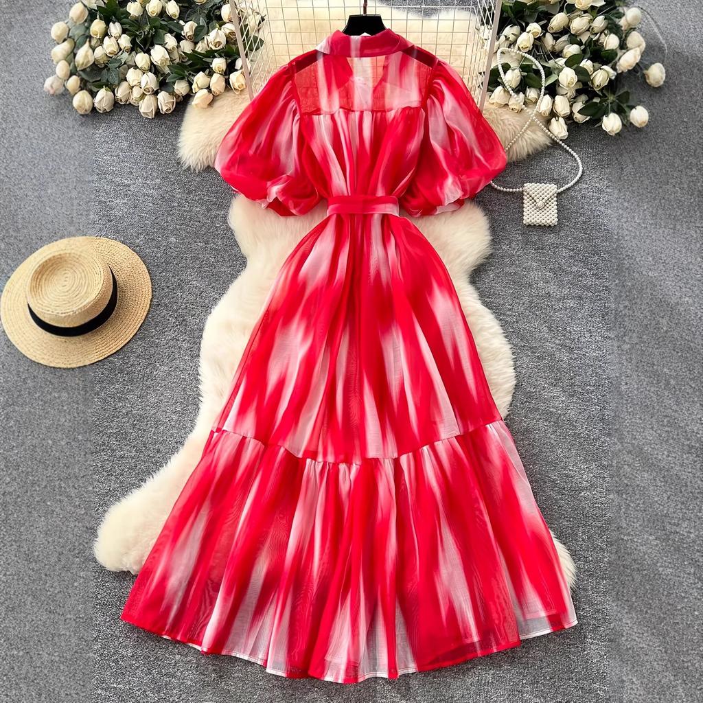 Red and white smudged bubble sleeve shirt dress women's summer strap waist printing pendulum long skirt literary and retro