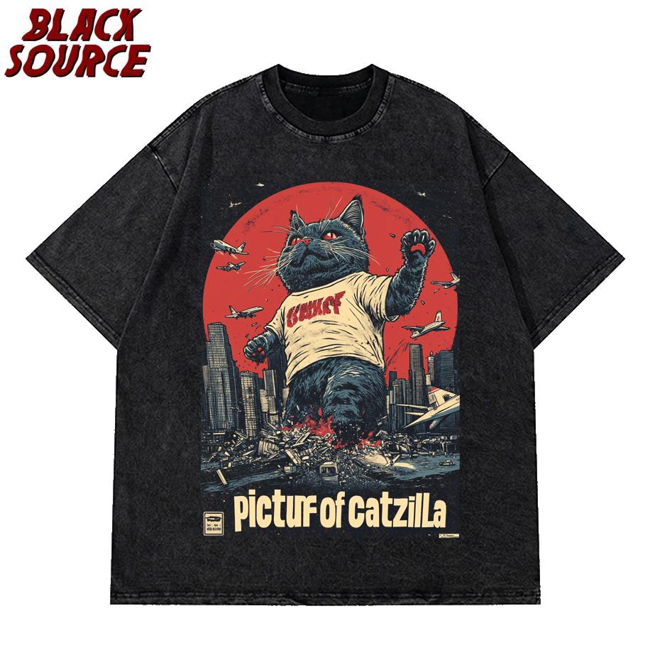 Catzilla Cat Japanese Art Funny Cat Gifts For Women TShirt Unisex Cotton Tshirt Oneck Tops Tees Fashion Fitness T Shirt