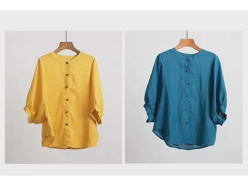 2025 Весна/Лето Женский Ретро-Топ из хлопка и льна с рукавами-фонариками и свободным кроем средней длины