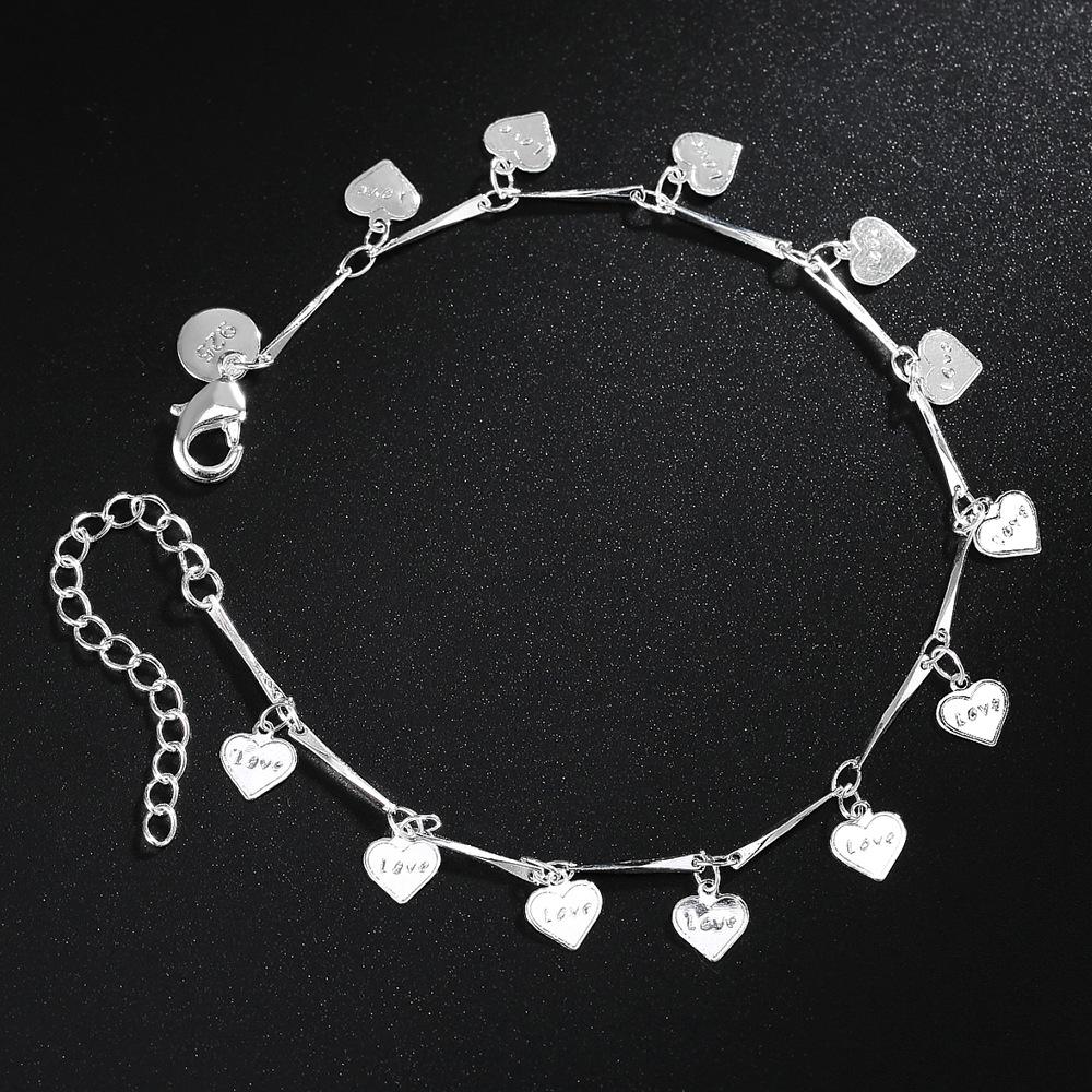 925 Silver-plated European, American, Japanese and Korean Couples Heart-to-heart Girl Bracelet Anklet Fashion Jewelry