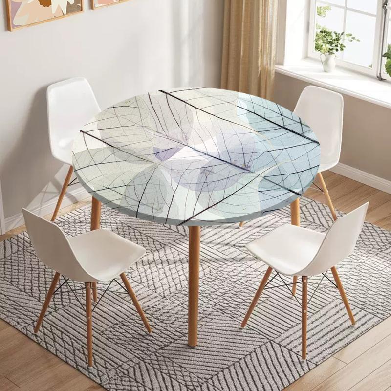 Skeleton Leaves Round Fitted Tablecloth Waterproof Dining Table Decoration Accessories Classic Pattern Table Cover Kitchen Decor