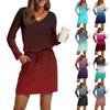 Women's Fashion V-Neck Long Sleeve Drawstring With Pockets Gradient Printed Casual Dresses
