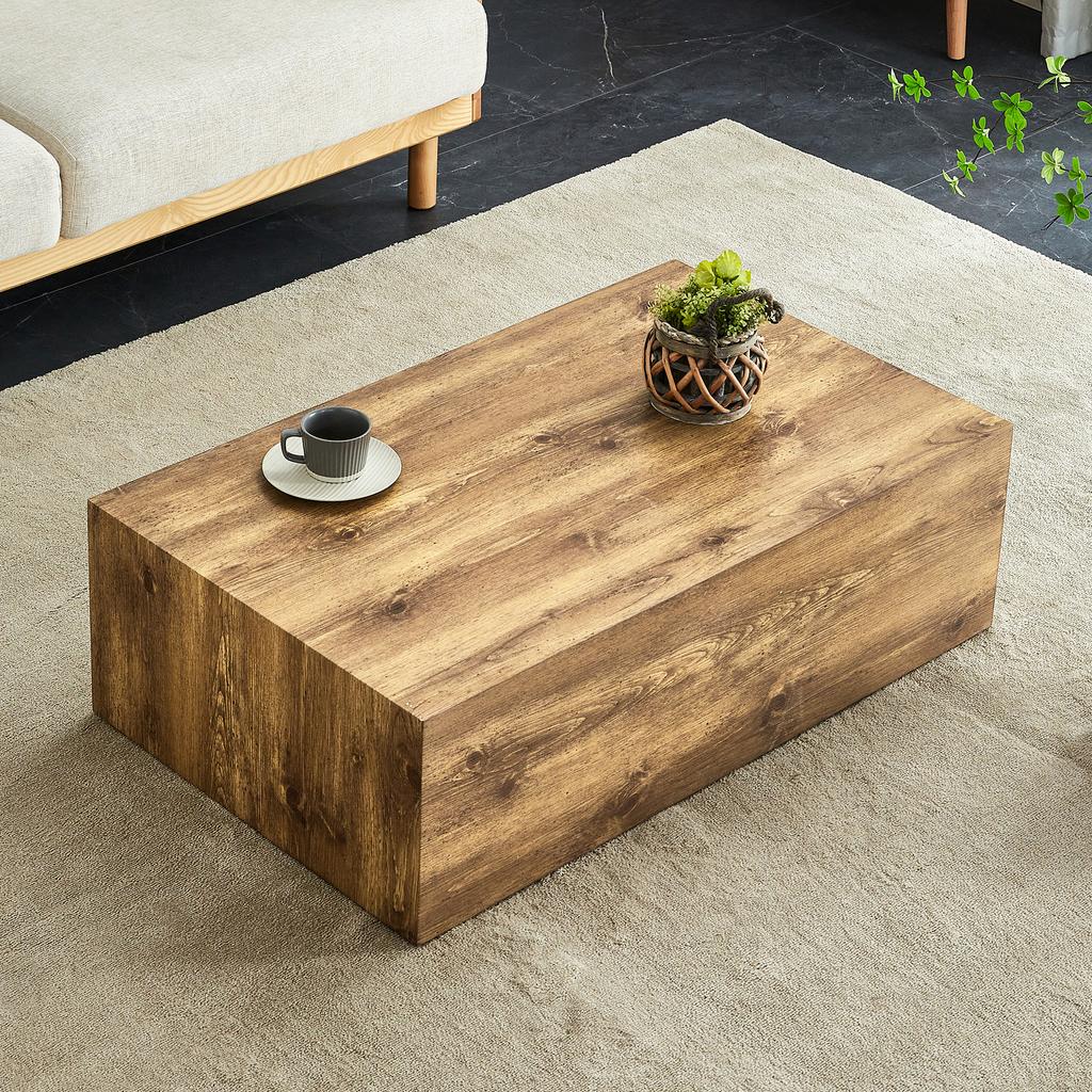 Rectangular coffee table with wood grain. 90×50×30 cm, MDF material, no assembly required. Underside with non-slip feet, suitable for luxury style.
