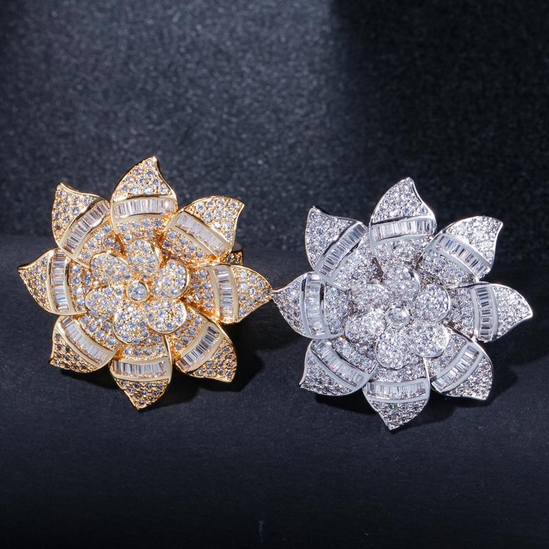 CMM Jewelry Designer Big Flower Yellow Gold Color Luxury Cubic Zirconia Engagement Wedding Rings Jewellery for Women