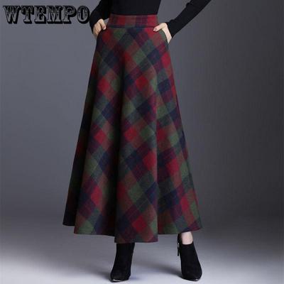 Длинная юбка Зимняя юбка большого размера Женская твидовая юбка до середины тела Юбка-трапеция Большая распашная юбка Женская мода Повседневная длинная уличная одежда