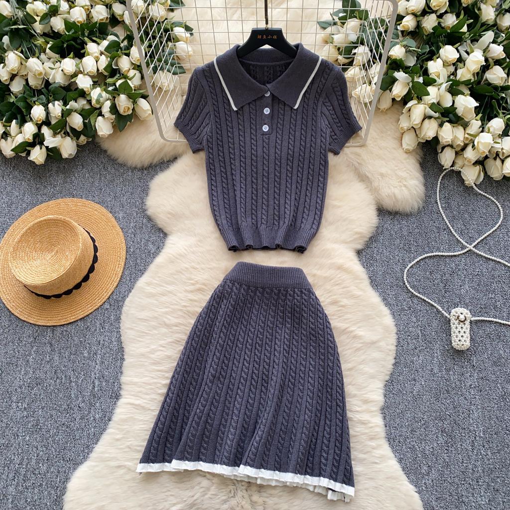 Модные трикотажные костюмы из двух предметов, обтягивающие рубашки поло с короткими рукавами и короткая юбка, женские простые летние комплекты