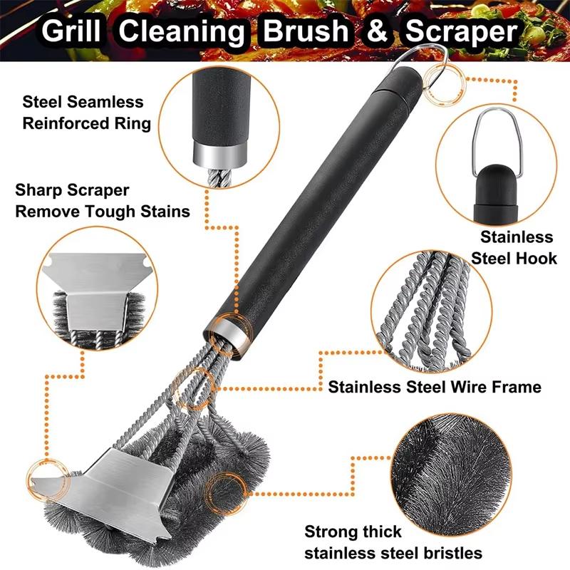 Camping Grill Brush and Scraper Stainless Steel BBQ Cleaning Brush with Deluxe Handl 3 In 1 Bristles Grill Cleaning Brush JT518