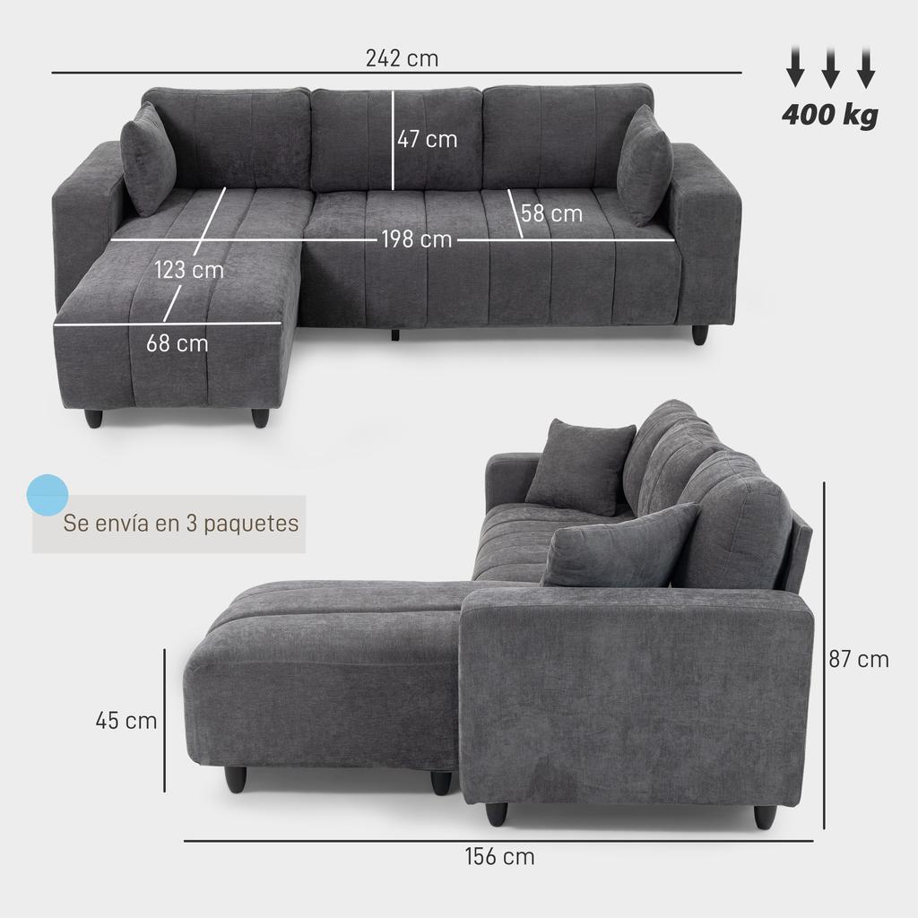 Chaise Longue Sofa, Reversible, 3-Seater, Linen, Steel Frame, 242 x 156 x 87 cm, Dark Grey