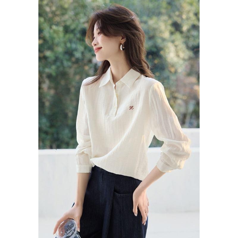 Temperament Versatile Embroidered Lightweight Long-sleeved Casual Shirt for Women 2025 Spring New Basic Classic Commuting