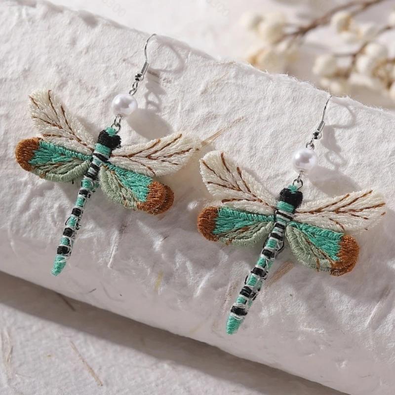 Style Vintage New Unique Embroidery Creative Cute Dragonfly Pendants for Women Personalized Fun Drop Earrings Jewelry