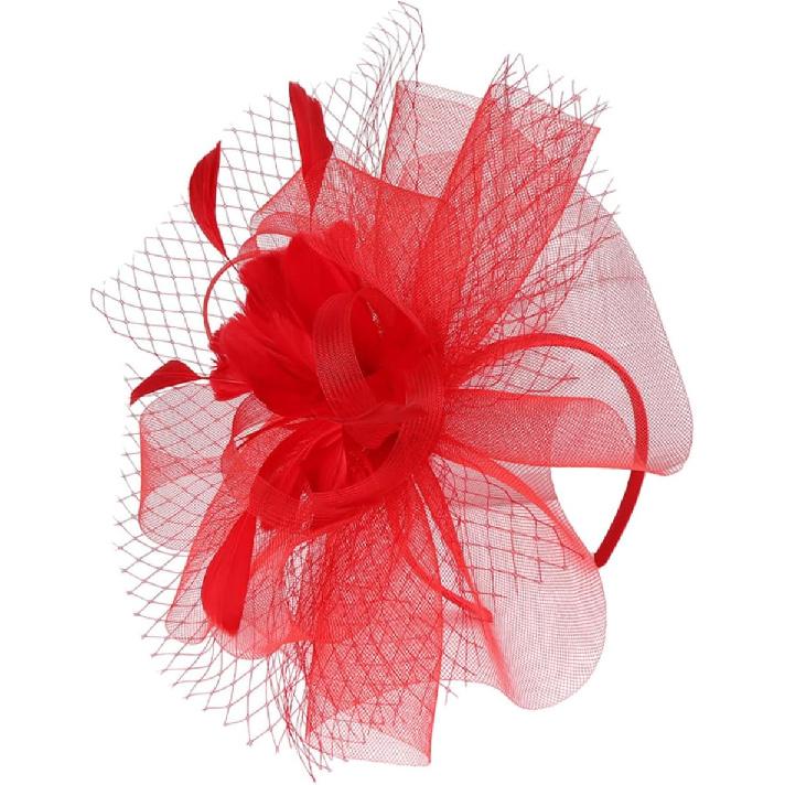 FOMIYES Red Mesh Fascinator Headband and Hair Clip, Cocktail Tea Party Hat for Women, Wedding and Special Occasion Accessories
